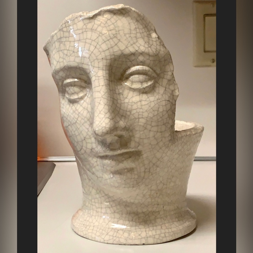 Vintage Glazed Pottery Greco Roman Androgynous Face Archaic Smile Planter Vase